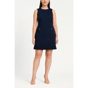 Tommy Hilfiger Women's Navy Shift Dress Size 10 Navy Stretch Pleated Hem Pockets
